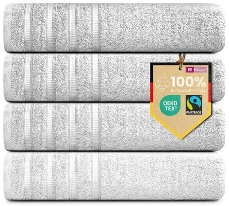 B!HOME 4er Set Premium Duschtücher [100% Baumwolle] 70x140 cm, Weiss | große Handtücher Weich, Saugstark & Pflegeleicht / Badetuch Perfekt für Bad, Strand & Reisen