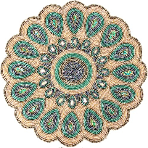 Handmade Glass Beaded Round Placemat - 13 Table Mat with Non-Slip Backing, Luxurious Elegant Décor for Dining Table, Events & Parties (Green Gold) - ALPHA Living HOME