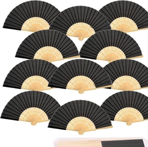 iZoeL 12x Handfächer Hochzeit Papierfächer Fächer Gastgeschenk Schwarz | 12 Stück Schwarze Fächer mit Beutel, Hochzeitsfächer, Faltfächer, Hochzeitsdeko für Sommer Party, Gastgeschenk und Accessoire