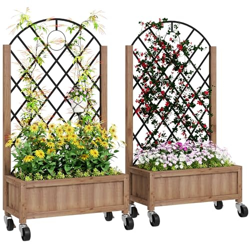 Outsunny 2er Set Hochbeet Pflanzkasten mit Rolle, Rankgitter, Spalier Pflanzkübel Blumenkasten Holz, Gartenspalier 52x25x97cm für Garten Balkon Terrasse, Blumenkübel für Kletterpflanzen Korbpflanzen