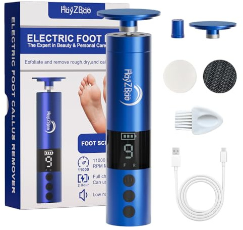 HayZBao 11000 RPM Rechargeable Electric Foot Callus Remover with 2Glass Sander Discs - Cordless Foot Scrubber,Professional Pedicure Tool for Dead Skin and Calluses,Electric Foot File - Blue