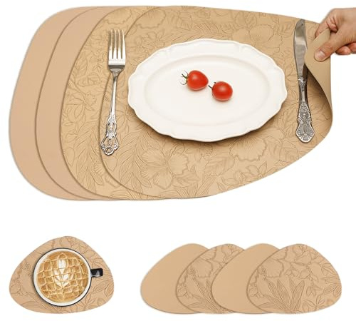 LUMIN TUTU Tischsets Abwaschbar 4er Set, Platzsets mit 4 Untersetzer, Rutschfestes Platzdeckchen, Wasserfest & Pflegeleicht, Tischset Lederoptik, Oval (Beige Blumenmuster)