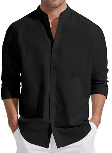 Friptspyg Herren Leinen Hemden Langarm Baumwolle Leinenhemd Stehkragen Sommer Hemd Regular Fit Freizeithemden Strand Hemden mit Tasche, Schwarz L