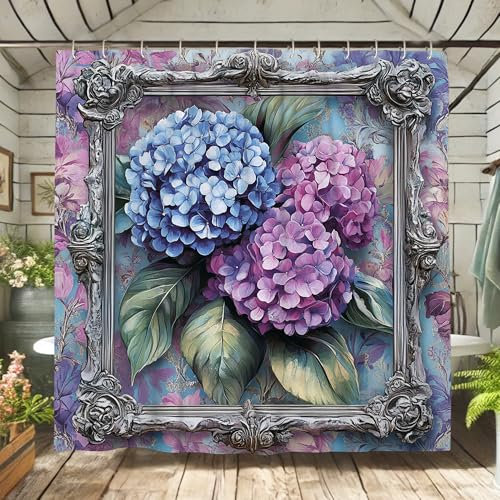 Tenda da doccia floreale, tenda da bagno con fiori di ortensia blu e viola, decorazione primaverile, elegante e vintage, in tessuto impermeabile, set con ganci per bagno, 182 x 183 cm