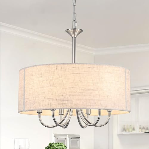 Nickelfarben Pendelleuchte, Weiß Stoffschirm, Hängelampe Lamp - 6 Flammig | E14 Deckenlampe Schlafzimmer Hängend Metall für Esstisch, Wohnzimmer, Küche, Esszimmer, Flur, Ø46cm