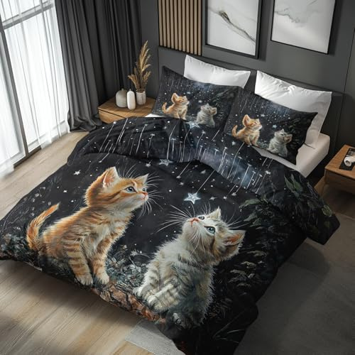 Generisch Kinder Katze Bettwäsche 155x220 3tlg, 2 Kissenbezüge 80x80 - Süß Kätzchen Design Wendebettwäsche, Weiche Mikrofaser Bettbezug mit Reißverschluss, Deko & Geschenke - Wa172
