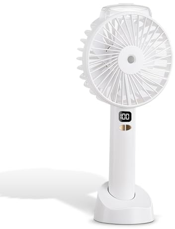 DAMUROS Mini Ventilador Portátil con Atomizador de Agua – 6 Velocidades, Pantalla LED, USB Recargable, Silencioso, Soporte para Móvil, Ideal para Exterior e Interior (Blanco)
