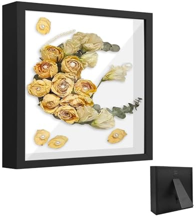 Cornice Portafoto 3D, Cornice Quadrata da Ombra 25 x 25 cm, con Lastra Acrilica Trasparente, Frame D'arte DIY in Legno Profonda di 3 cm, per Bouquet da Matrimonio e Fiori, Arazzo(Nero)