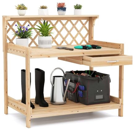 COSTWAY Pflanztisch mit Rankgitter, Gärtnertisch Holz mit Arbeitsplatte, Schublade & 2 Ablagen, Garten Arbeitstisch Tannenholz, für Garten Terrasse Balkon, 90 x 59 x 88 cm, Natur