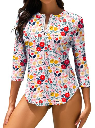 WOWENY Rashguard Anti-UV para Mujer Traje de baño Camiseta de Manga 3/4 con Cremallera de 1/4 Secado rápido Ideal para Surfear en la Playa