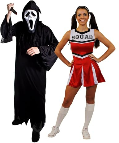 Adults Screamer Couples Costume - X-Large Black Robe, Screamer Mask, Fake Knife & XX-Large Red Cheerleader Dress - Adults Mens Womens Halloween Trick or Treat Fancy Dress Costume