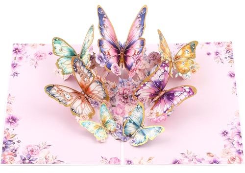 BYZANDQI Geburtstagskarte Frau - Pop Up Karte mit Schmetterlingen & Blumen | 3D Grußkarte Genesungskarte Glückwunschkarte für Frau Mama Freundin (Goldrand Schmetterling)