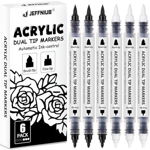 6 Schwarz Weiß Acrylstifte, Brush Polka Dot Doppelseitige Pinselspitze | Automatische Tintensteuerung, Wasserfest Acrylmarker für Steine, Metall, Glas, Holz, Stoff, Porzellan, Keramik