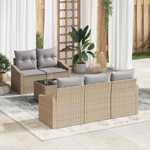 Qnhdfrt 6-teiliges Garten-Sofaset aus Poly Rattan in Beige mit Kissen, wetterfestes Outdoor-Loungeset für Terrasse und Balkon