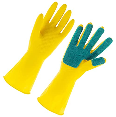 ZUNOXAZ Scouring Pad Dishwashing Gloves Latex Kitchen Cleaning Gloves for Home Use and Oil Resistant with Absorbent Sponge for Stubborn Stain Removal