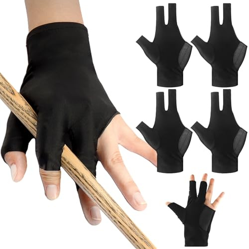 Notoke Billard Handschuhe 3-Finger Links - 4 Stück Professionelle Snooker Handschuhe atmungsaktiv, rutschfest & elastisch - Billard Zubehör für Frauen & Männer - Schwarz (Linkshänder)