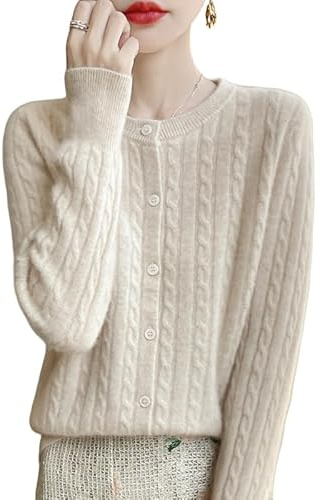 Generisch Winterjacke Damen,Kaschmir Cardigan, Strickpullover Aus Wolle, Beige, Weicher Zopfmusterpullover, Schmale Passform, Eleganter Langarmmantel Für Den Herbst/Frühling