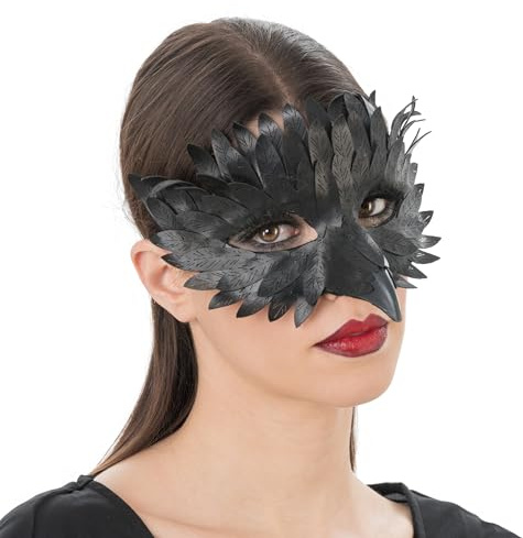 Chaks - Rabenmaske aus Kunstleder, Maske mit Schnabel und Federn | Kostüm Accessoire für Halloween, Karneval und Maskenball, Raben Design für Gothic, Steampunk und Cosplay