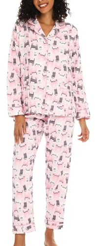 MIA LUCCE Pyjamas, dam, lång pyjamas-set med knapprad, flanellpyjamas dam, PJ mjuk topp och pyjamasbyxor tvådelad hemmadräkt dam XS-XL, Rosa katt, S