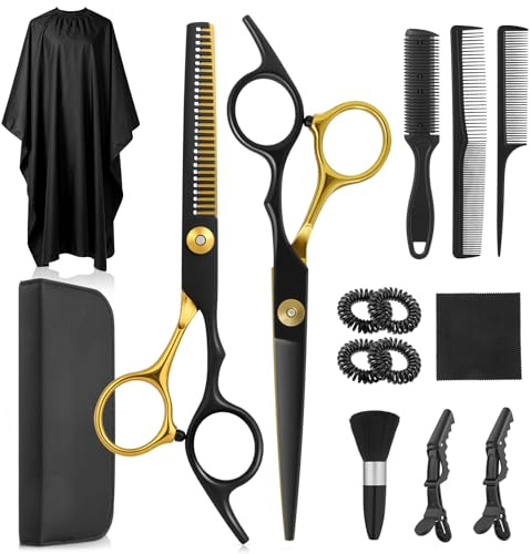 Lictin Ciseaux de Coiffeur Professionnels 15 en 1-6.7 en Acier Inoxydable avec Peigne, Ciseaux à Effiler, Sac en Cuir et Cape de Coiffure (Noir et Doré)