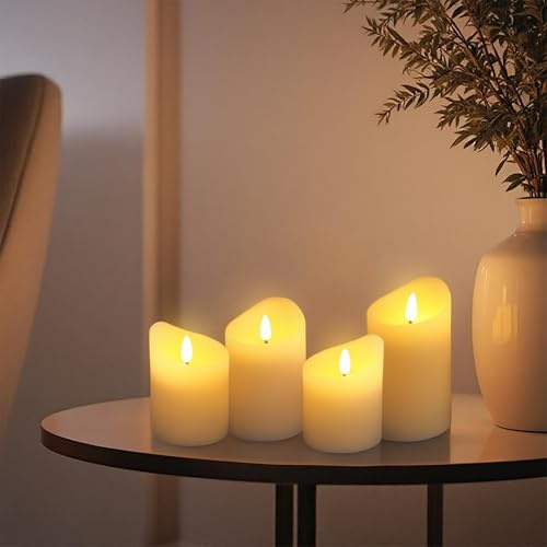LED Adventskerze creme 4er Set mit Timer und Flammeneffekt - 9/10 / 11/13 cm - Künstliche Wachs Kerze warm weiß batteriebetrieben - Deko Stumpenkerze Weihnachten Advent Tischdeko für Innen