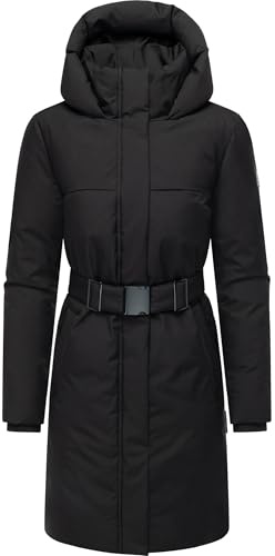 Navahoo Damen Wintermantel warmer Parka mit Gürtel und gefütterter Kapuze Gipfelspass XIV Black Gr. L