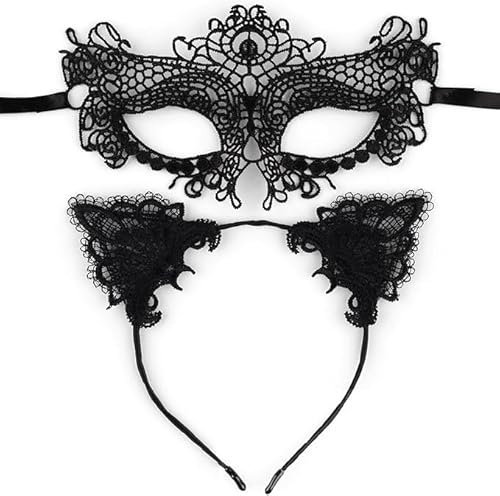 PDirat 2 Stück Katzenohren, Katzenohren Haarreif, Herz Punk Halsband, Sexy Maske Damen für Maskenball, Venezianische Maske