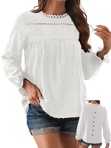 TUUHAW Abito Donna Primavera Taglie Forti Boho Top Manica Lunga Casual Camicetta Volant Elegante T-Shirt Collo Rotondo vestibilità Ampia Bluse Vintage Base Maglie Moda Pizzo Ricamato Blusa Bianco 5XL
