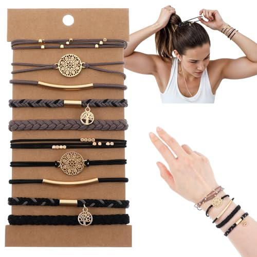 Prasacco 10 Stück Haargummi Damen, Haargummi Armbänder für Damen Elastische Geflochtene Haargummis für Mädchen Boho Haargummis Geflochtener Zopfgummi mit Perlen fur Langes Haar(Grau, Schwarz)