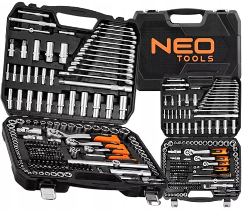 NEO TOOLS Profi Steckschlüsselsatz 220-teilig, Ratschenkasten Set 1/2 3/8 | 1/4 Zoll aus CrV Stahl, 72T Knarre, Gabelschlüssel & Bits, Werkzeugkoffer, Werkzeug 10-220