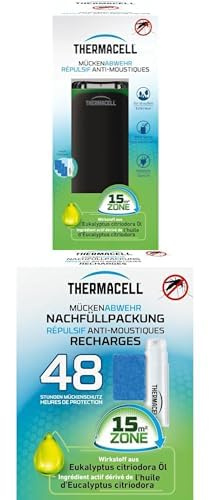 Thermacell Mückenabwehr Protect Mückenschutz Standgerät im modernen Design, für Garten, Terrasse und Camping, schwarz-grün, 1 Stück + Thermacell Nachfüllpackung Mückenschutz für 48 Stunden