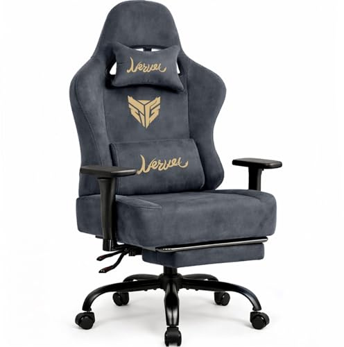 Gaming Stuhl Chair Gamer Sessel - wildlederartiger Stoff, 3D-Armlehnen, neigbare Rückenlehne, höhenverstellbarer Sitz, ausziehbare Fußstütze, Lenden- & Kopfstütze, 220 kg Belastbarkeit, Grau