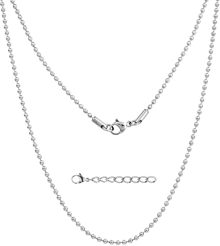 Silvadore 2mm Silver BALL Chain Necklace - Army Dog Tag Bead Links - Mens Stainless Steel Neck Body Military Pendant Jewellery - Gifts for Women Boy Girl - 18 to 36 inch