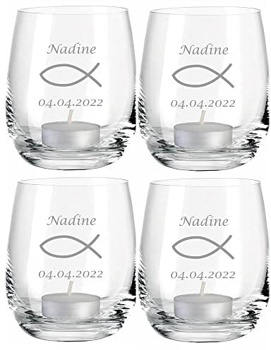 Personalisiertes Teelicht mit Fisch-Gravur I 4er-Set zur Konfirmation - Firmung - Kommunion - Jugendweihe I Windlicht mit Namen & Datum