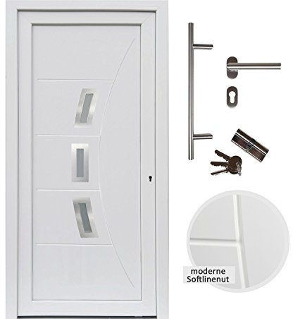 kuporta Kunststoff Haustür Eingangstür Nebeneingangstür Designline 108 x 200 cm weiß DIN links mit Stoßgriff-Set