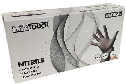 Supertouch® Schwarze Nitrilhandschuhe puderfrei Tattoo Tätowierer Valeting Mechanic, L, 1
