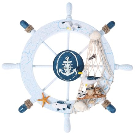 Healifty Wooden Wheel Nautical Boat Ship Wheel Fishing Net Shell Home Wall Party Decor