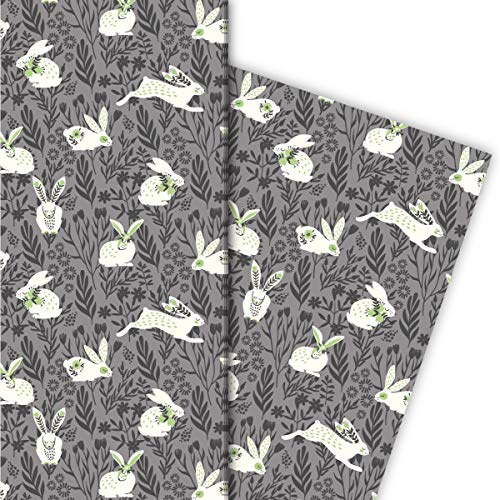 Kartenkaufrausch Niedliches Frühlings Oster Geschenkpapier Set Hasen im Gras, grau • Geschenk Verpackung zum Einpacken 32 x 48cm, zu Ostern Weihnachten Geburtstag, universal Geschenkpapier