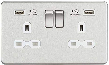 Knightsbridge SFR9224BCW 2G Switched Socket with 2.4 A Dual USB Charger, Brushed Chrome with White Insert, 13 A
