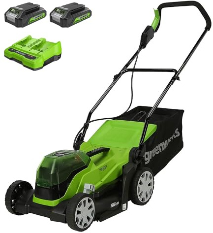Greenworks Tools Li-Ion 2x24V Akku-Rasenmäher 36cm Sichelmäher bis zu 250m² Elektromäher mit 40L Grasfangtasche und Klappbare Armlehne, inklusive 2X 24V 2Ah Akku und Ladegerät
