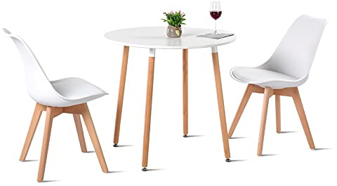 EGGREE Set Tisch mit 2 Stühlen, skandinavisch, Esstisch, rund, aus Holz, 80 cm, Küchenstühle – Weiß