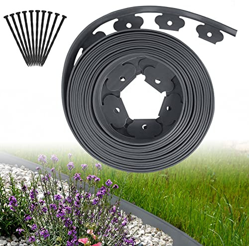 ACXIN Bordure de pelouse en plastique - 30 m - Bordure de parterre flexible - Bordure de tonte avec ancrage - Bordure de jardin en plastique - Décoration de jardin (30 m x 5 cm, gris clair)