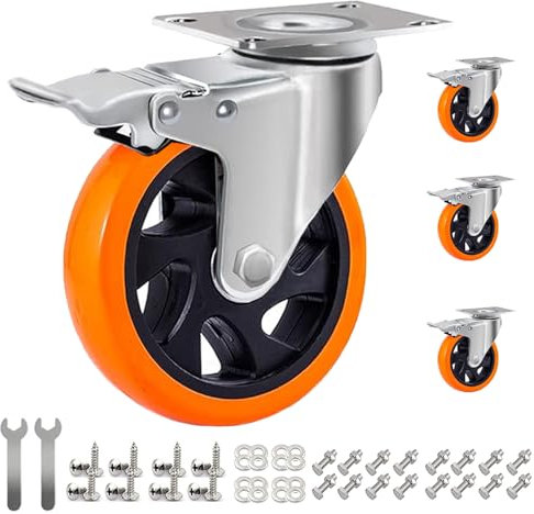 RRIUTO Ruote Per Carrello Pesanti con Freno 125MM, Set di 4 PU Rotelle per Mobili Ruote Girevoli a 360 Gradi, Doppio Cuscinetto Rotelle Pivotanti Capacità 800kg per Tavolo, Armadio(con Viti)