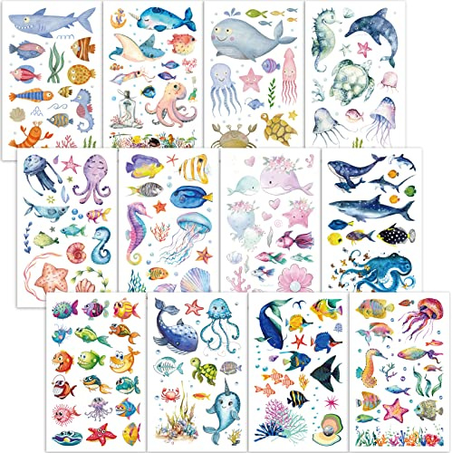 Qpout Tatouages éphémères Animaux de l'océan pour enfants, tatouages de la vie marine pour cadeaux de fête d'enfants, autocollants de tatouage dauphin requin poulpe poisson étoile de mer