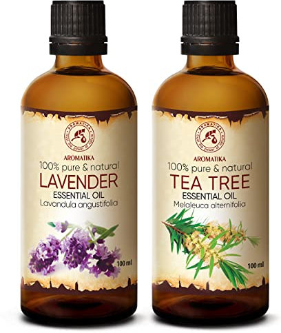Ätherische Öle Set 2x100ml - Ätherisches Lavendelöl und Teebaumöl - Aromatherapie GeschenkSet für Diffuser - Öle für Diffusers und Seifenherstellung - Öle für Kerzen und Romantik - Sauna - Duftlampe