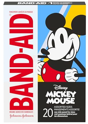 Band-Aid Brand Adhesive Bandages for Minor Cuts & Scrapes, Wound Care Featuring Disney's Mickey Mouse, Fun Bandages for Kids and Toddlers, Assorted Sizes, 20 Count