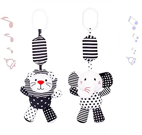 2Pcs Hanging Rattle Toys for Babies, Hanging Baby Toy, Car Seats Stroller Toys with Wind Chime for Newborn 0-36 Months, Clip Hanging Plush Squeeze Toys, Best Birthday Gift for Newborn