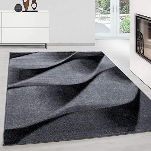 Teppium Moderner Kurzflor Teppich Wohnzimmer 300x400 (280 x 370 cm) Schwarz - Teppich Waschbar, Abstrakt Wellen Design, Pflegeleicht und Weich - Ideal für Schlafzimmer, Esszimer und als Küchenteppich
