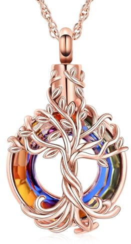 Minicremation Collier funéraire pour cendres avec pendentif arbre de vie - Avec entonnoir - Cadeau pour homme et femme, Acier inoxydable, Zircon Diamant Ambre