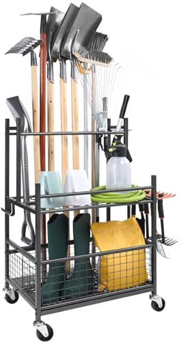 VEVOR Porta Attrezzi da Giardino 16 Slot con Ganci Porta Attrezzi da Garage in Metallo PP con Ruote Organizzazione Stoccaggio Riparo Esterno per Attrezzi, Rastrelli, Scope a Manico Lungo da Officina